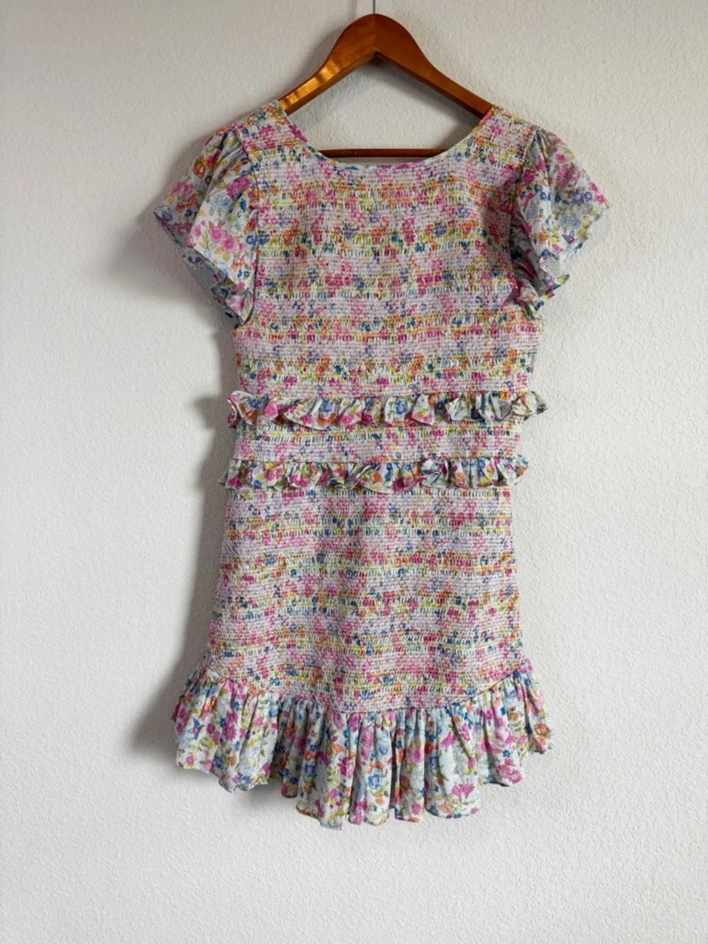 LoveShackFancy Sonora Floral Smocked Ruffle Mini Dress in Coral Reef Waves Sz L - Picture 7 of 11